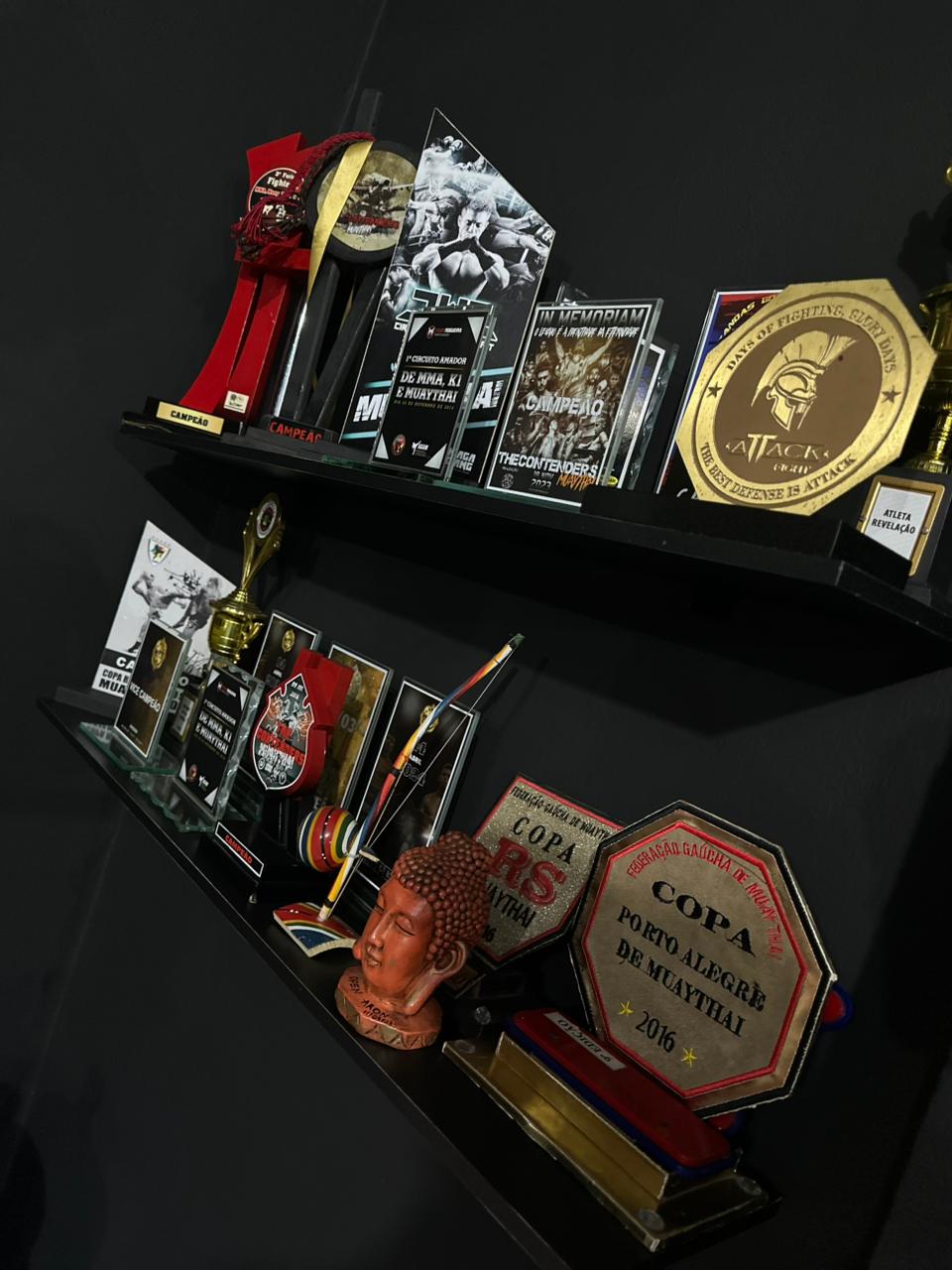 Estante com troféus, placas e medalhões conquistados pela academia