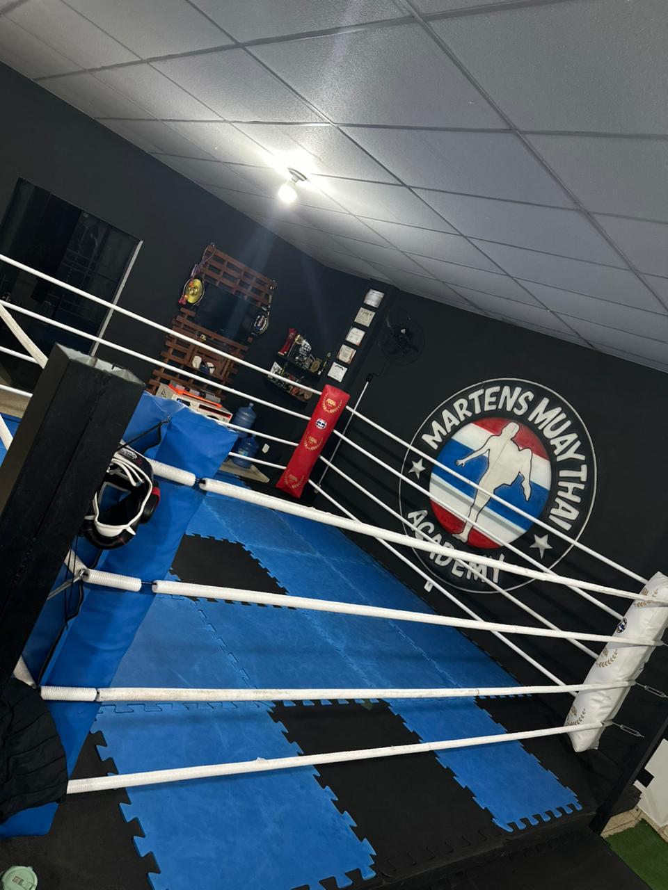 Ringue com cordas brancas e tatame azul e preto no interior da academia